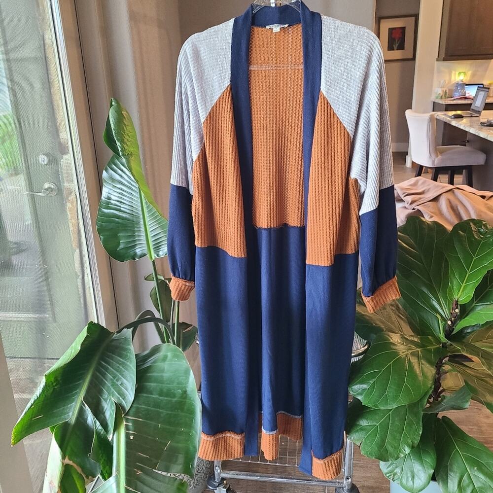 Umgee Tan‎ Blue Grey Long Cardigan Sweater Small Long Kimono Duster Boho